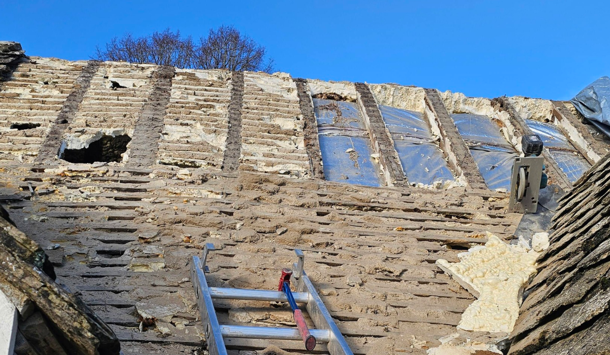 Roof repair work in progress